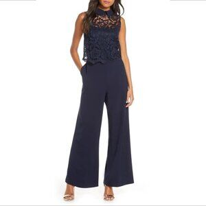 Julia Jordan lace popover jumpsuit wide leg sleeveless navy blue new 4